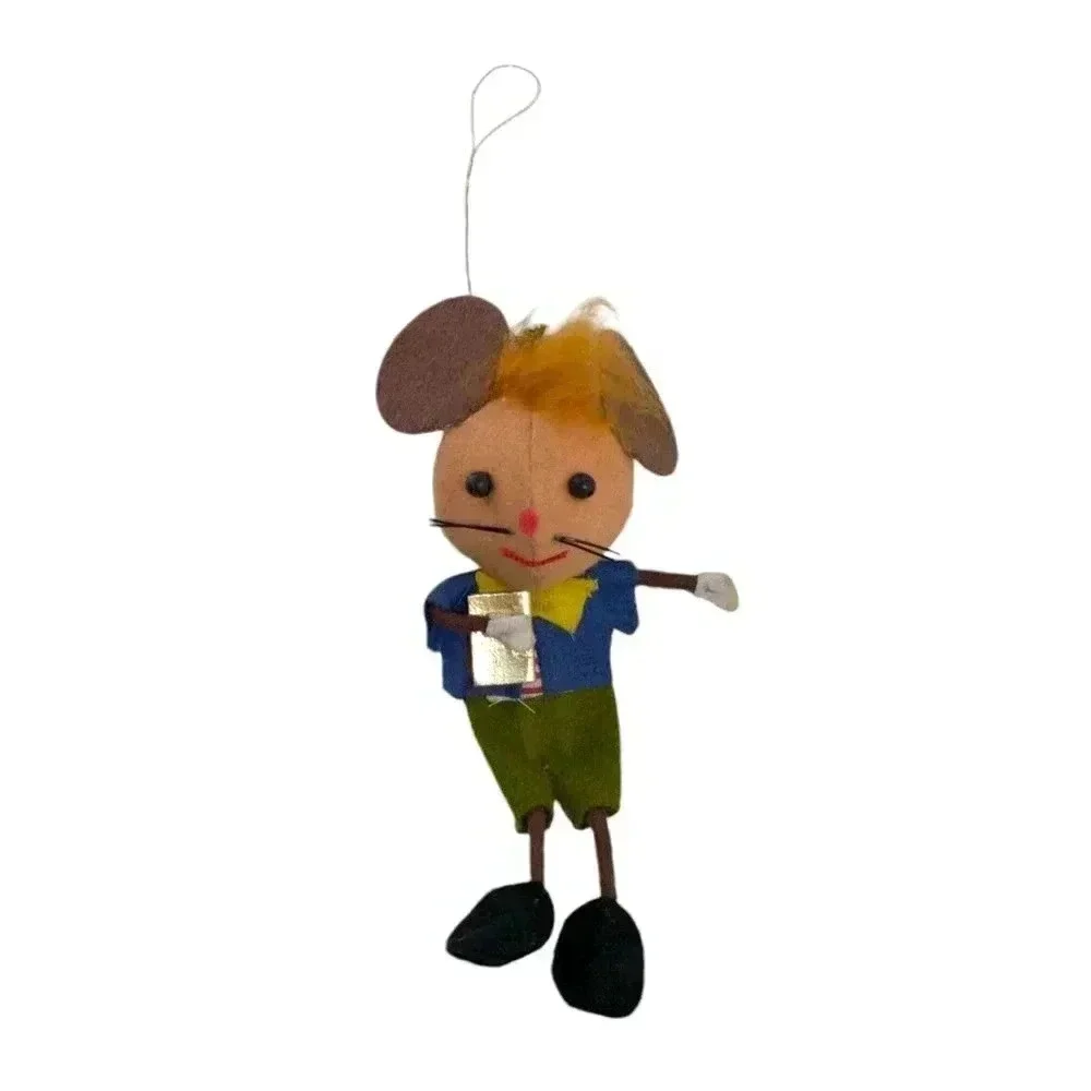 Vintage MCM Christmas Felt Big Ear Mouse Ornament Schoolboy with Book Pixie